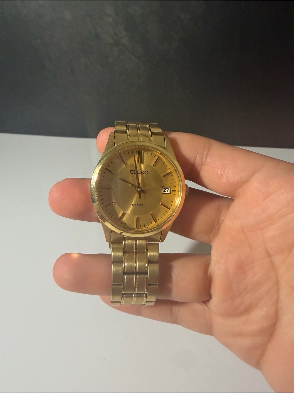SEIKO Gold tone quartz men's watch model SGEF04P1 round champagne dial metal